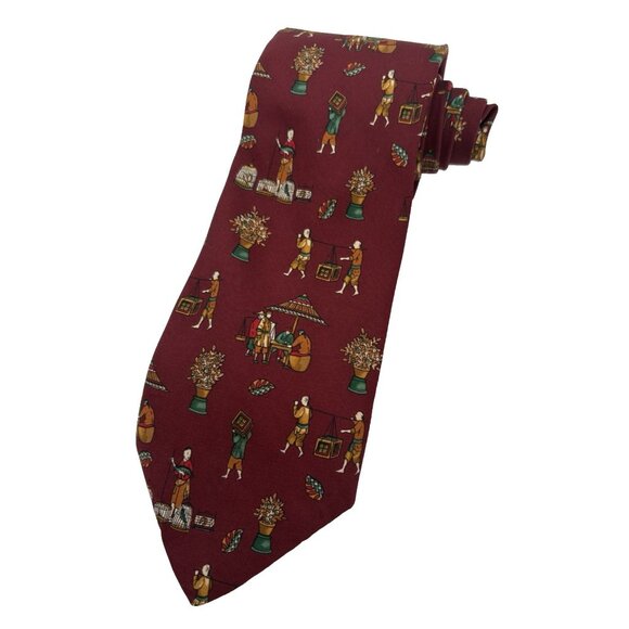 Salvatore Ferragamo Necktie Men,s 100% Silk Red Brown Chinese Bird Merchant EUC